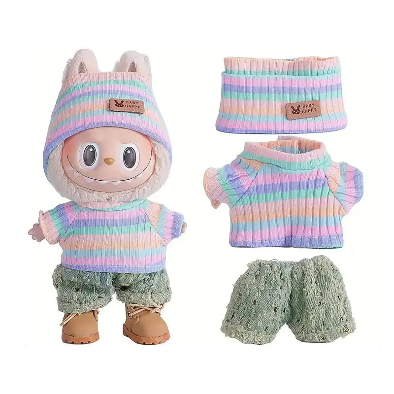 Vêtement labubu short pull tricoté pastel avec bonnet assorti et short vert texturé pour déguisement carnaval