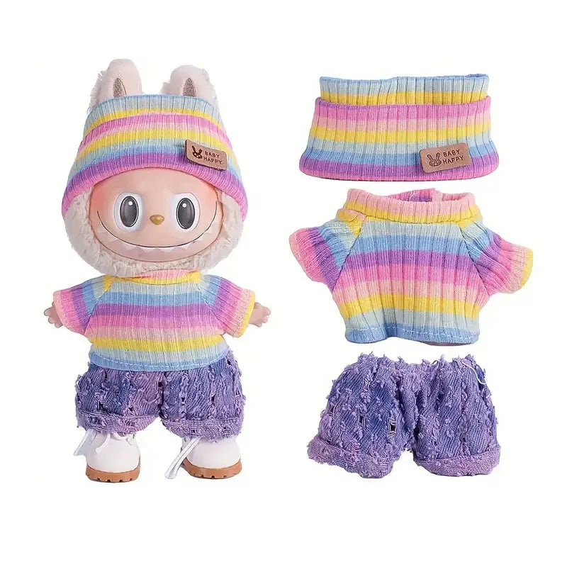 Vêtement labubu short pull tricoté rayé pastel avec bonnet assorti pour déguisement carnaval peluche lapin