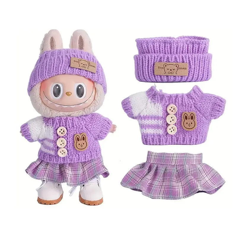 Vêtement labubu short pull tricoté violet avec bonnet assorti blanc et jupe à carreaux pour déguisement carnaval
