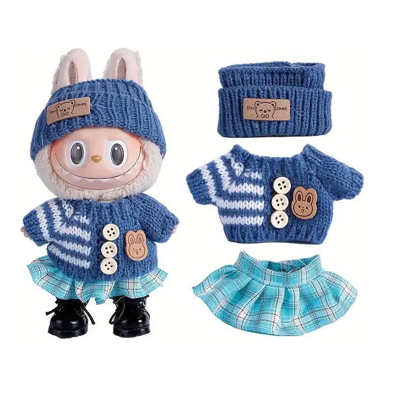 Poupée lapin bleue en tricot portant un pull tricoté et un bonnet assorti pour déguisement carnaval