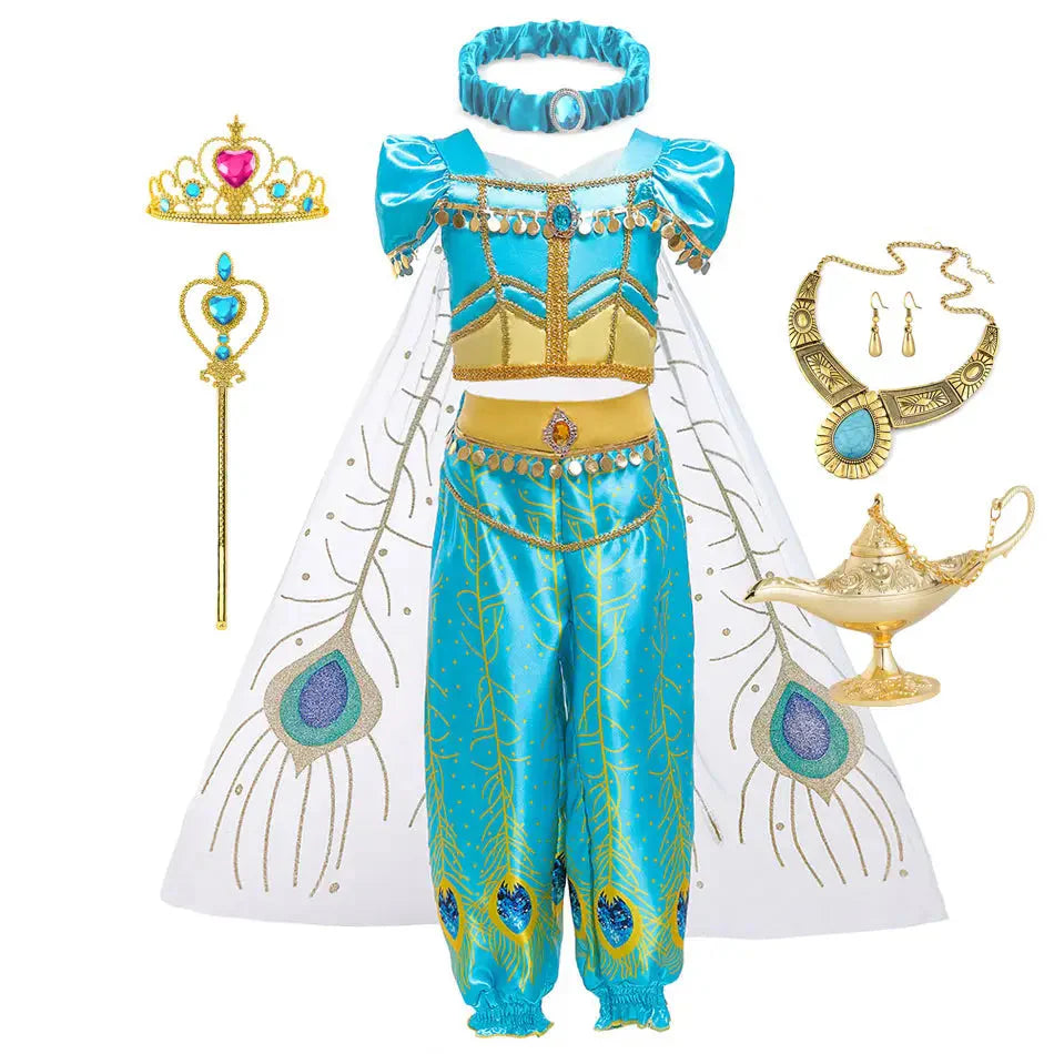 Vêtement princesse yasmine aladdin turquoise et or avec motifs plumes de paon et accessoires assortis complet