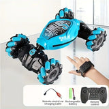 Voiture de cascade télécommandée multifonction bleue et noire avec roues articulées en forme de bras robotique et conduite 4wd