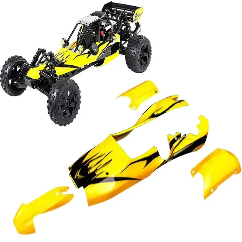 Voiture télécommandée essence adulte rc racing avec carrosserie en plastique détachable jaune et noir à motif flammes