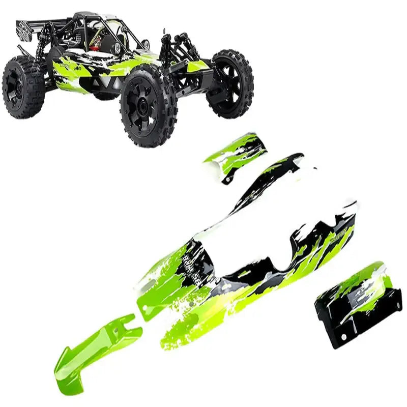 Voiture télécommandée adulte rc racing essence avec carrosserie verte lime et noire éclaboussée et kit assorti