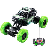 Voiture télécommandée tout terrain vert et noir avec lumières clignotantes et pneus tout terrain robustes