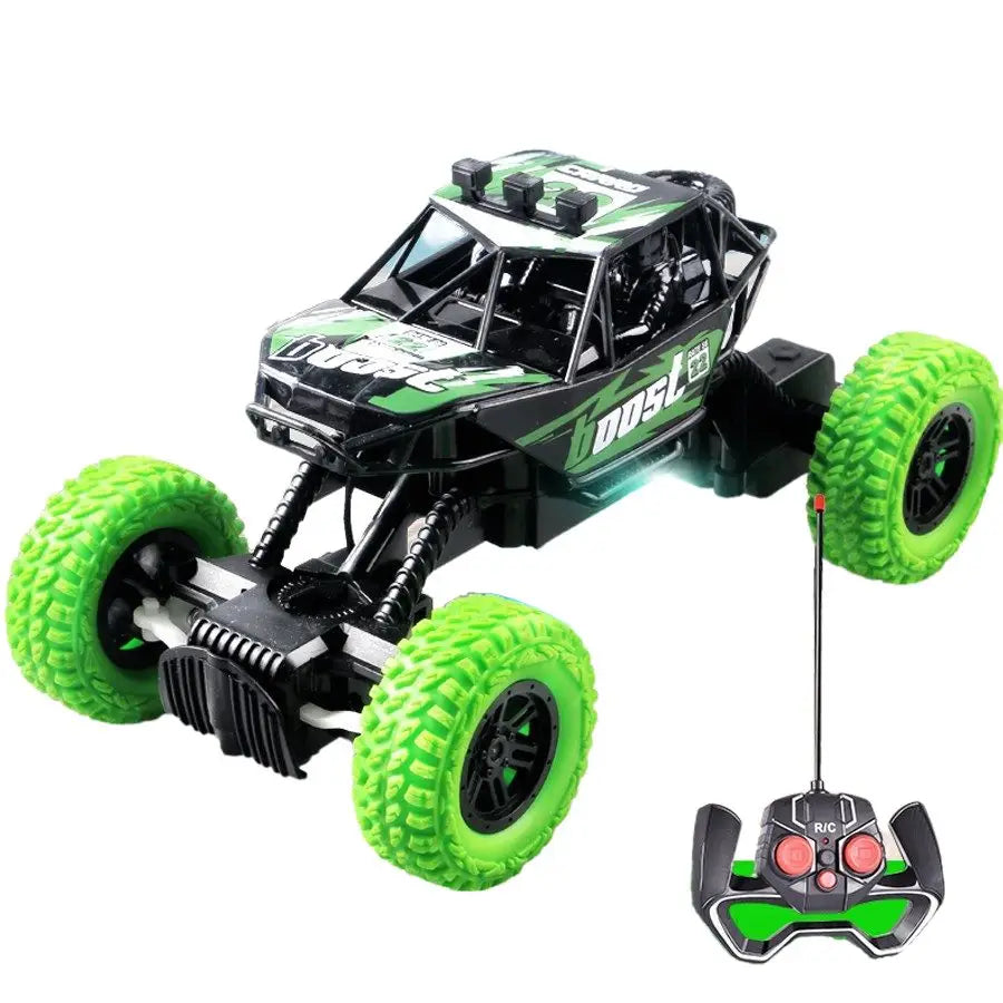 Voiture télécommandée tout terrain vert et noir avec lumières clignotantes et pneus tout terrain robustes